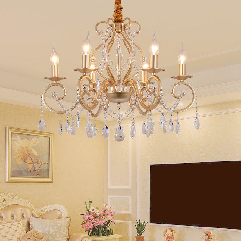 French Country Candle Hanging Chandelier Light Metal 3/6/8 Lights Pendant Lamp with Crystal Bead in Gold Clearhalo 'Ceiling Lights' 'Chandeliers' 'Modern Chandeliers' 'Modern' Lighting' 151873