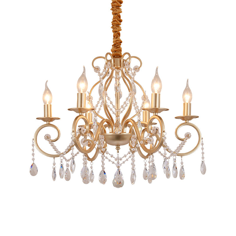 French Country Candle Hanging Chandelier Light Metal 3/6/8 Lights Pendant Lamp with Crystal Bead in Gold Clearhalo 'Ceiling Lights' 'Chandeliers' 'Modern Chandeliers' 'Modern' Lighting' 151874