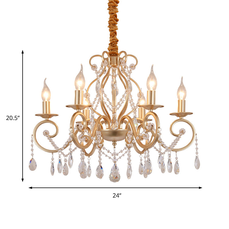 French Country Candle Hanging Chandelier Light Metal 3/6/8 Lights Pendant Lamp with Crystal Bead in Gold Clearhalo 'Ceiling Lights' 'Chandeliers' 'Modern Chandeliers' 'Modern' Lighting' 151875