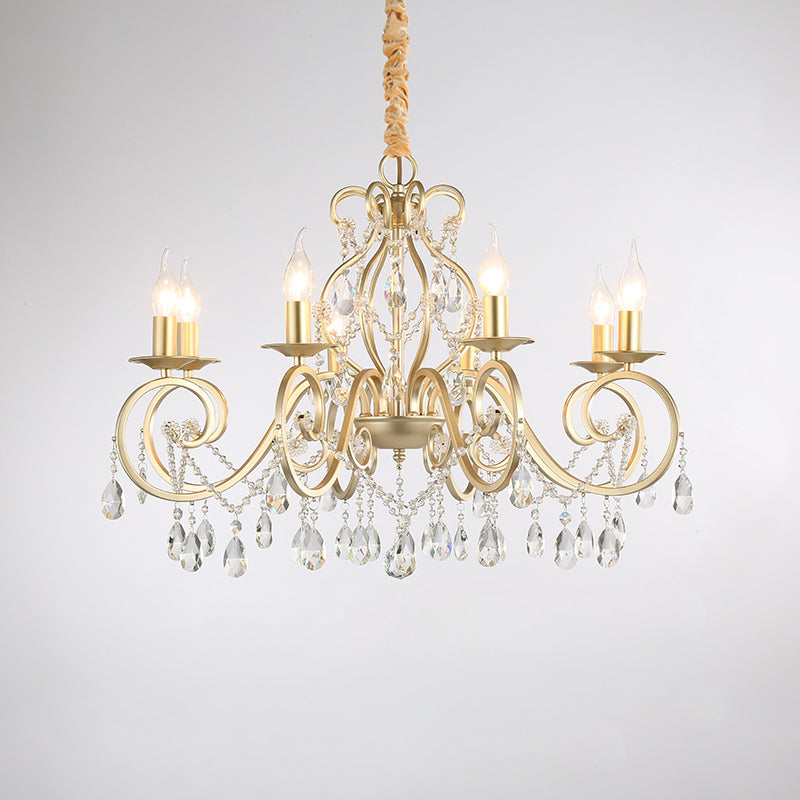 French Country Candle Hanging Chandelier Light Metal 3/6/8 Lights Pendant Lamp with Crystal Bead in Gold Clearhalo 'Ceiling Lights' 'Chandeliers' 'Modern Chandeliers' 'Modern' Lighting' 151880