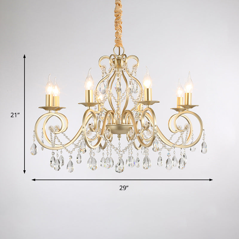 French Country Candle Hanging Chandelier Light Metal 3/6/8 Lights Pendant Lamp with Crystal Bead in Gold Clearhalo 'Ceiling Lights' 'Chandeliers' 'Modern Chandeliers' 'Modern' Lighting' 151881