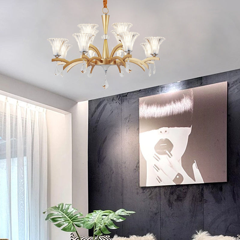 6/8 Bulbs Gold Chandelier Pendant Light Modern Bell Shade Pendant Lighting with Clear Crystal Design For Indoor 12 Gold Clearhalo 'Ceiling Lights' 'Chandeliers' 'Modern Chandeliers' 'Modern' Lighting' 151997