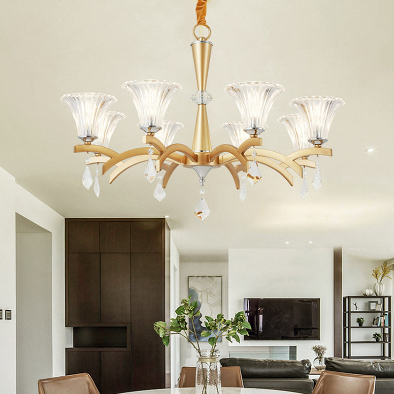 6/8 Bulbs Gold Chandelier Pendant Light Modern Bell Shade Pendant Lighting with Clear Crystal Design For Indoor 8 Gold Clearhalo 'Ceiling Lights' 'Chandeliers' 'Modern Chandeliers' 'Modern' Lighting' 152004