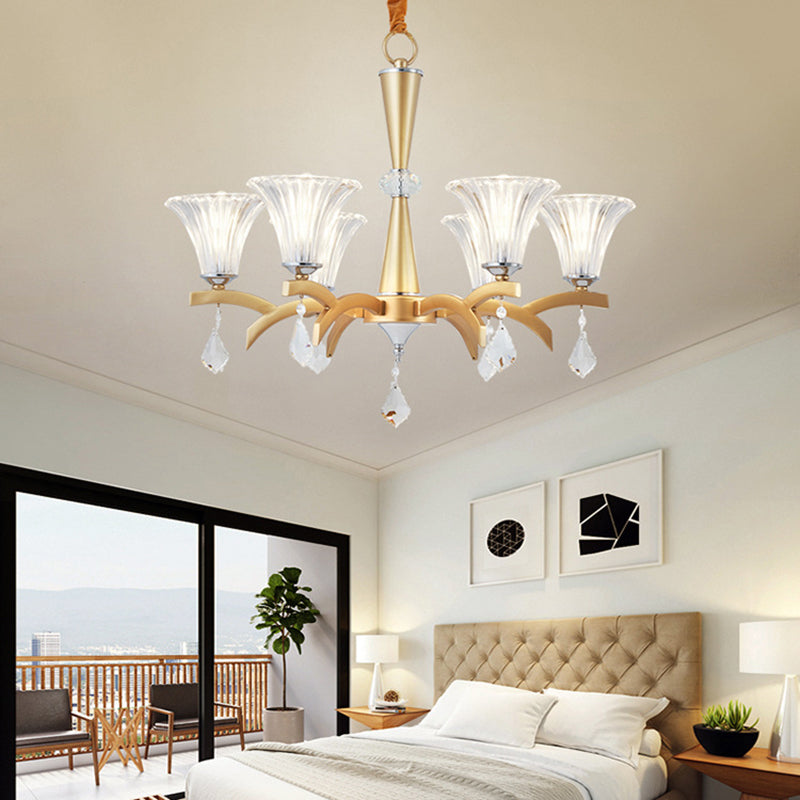 6/8 Bulbs Gold Chandelier Pendant Light Modern Bell Shade Pendant Lighting with Clear Crystal Design For Indoor 6 Gold Clearhalo 'Ceiling Lights' 'Chandeliers' 'Modern Chandeliers' 'Modern' Lighting' 152007