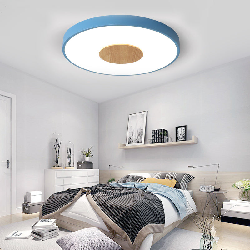 Pink/Blue/Green Round Flush Mount Ceiling Light Nordic Metal Integrated LED Ceiling Mounted Fixture for Bedroom, 12"/16"/19.5" Dia Blue Clearhalo 'Ceiling Lights' 'Close To Ceiling Lights' 'Close to ceiling' 'Flush mount' Lighting' 152010