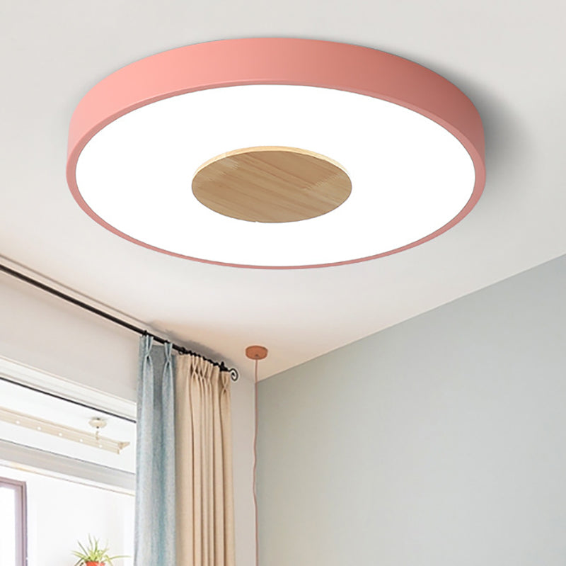 Pink/Blue/Green Round Flush Mount Ceiling Light Nordic Metal Integrated LED Ceiling Mounted Fixture for Bedroom, 12"/16"/19.5" Dia Pink Clearhalo 'Ceiling Lights' 'Close To Ceiling Lights' 'Close to ceiling' 'Flush mount' Lighting' 152015