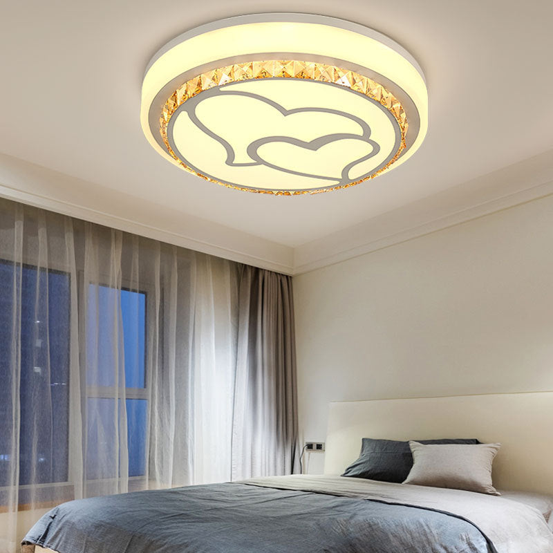 LED Loving Heart Flush Ceiling Light with Round Shade Modern Acrylic and Crystal Brown/White Ceiling Lamp in White/3 Color White 3 Color D Clearhalo 'Ceiling Lights' 'Close To Ceiling Lights' 'Close to ceiling' 'Flush mount' Lighting' 152059