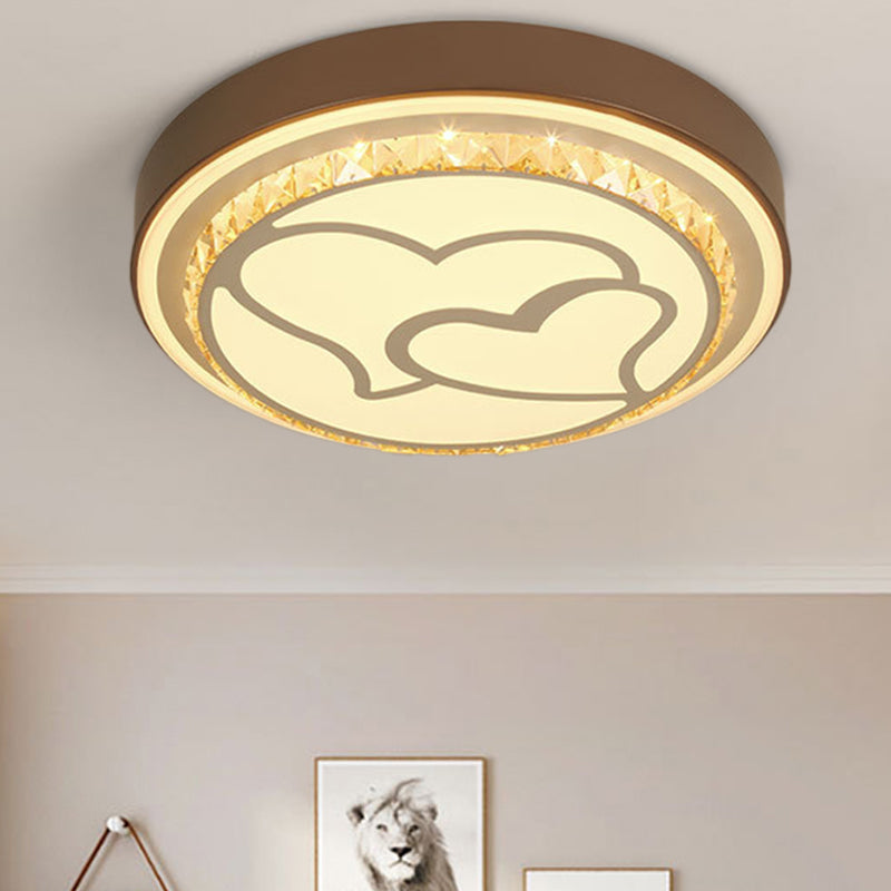 LED Loving Heart Flush Ceiling Light with Round Shade Modern Acrylic and Crystal Brown/White Ceiling Lamp in White/3 Color Brown 3 Color B Clearhalo 'Ceiling Lights' 'Close To Ceiling Lights' 'Close to ceiling' 'Flush mount' Lighting' 152062