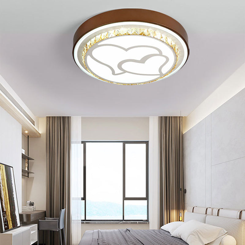 LED Loving Heart Flush Ceiling Light with Round Shade Modern Acrylic and Crystal Brown/White Ceiling Lamp in White/3 Color Brown White B Clearhalo 'Ceiling Lights' 'Close To Ceiling Lights' 'Close to ceiling' 'Flush mount' Lighting' 152063