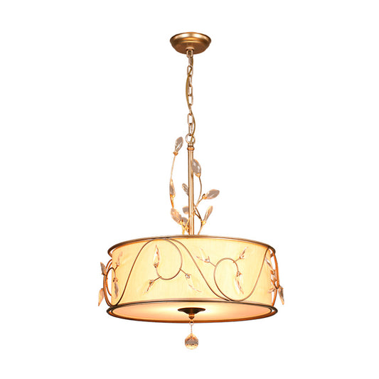 Metal Drum Cage Hanging Light Vintage Multi Light Chandelier Light with Crystal Deco and Fabric Shade in White Clearhalo 'Ceiling Lights' 'Chandeliers' 'Modern Chandeliers' 'Modern' Lighting' 152112