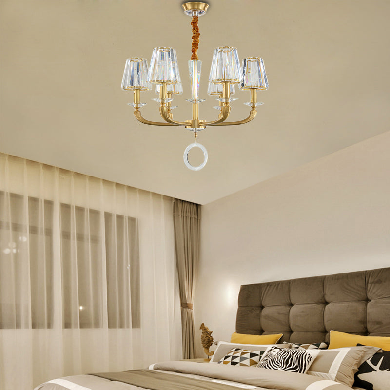 Clear Crystal Cone Shade Pendant Light Fixture Modern 6 Light Hanging Chandelier Light in Brass for Bedroom Clearhalo 'Ceiling Lights' 'Chandeliers' 'Modern Chandeliers' 'Modern' Lighting' 152134