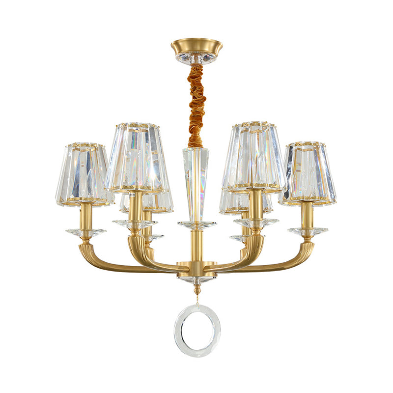 Clear Crystal Cone Shade Pendant Light Fixture Modern 6 Light Hanging Chandelier Light in Brass for Bedroom Clearhalo 'Ceiling Lights' 'Chandeliers' 'Modern Chandeliers' 'Modern' Lighting' 152135