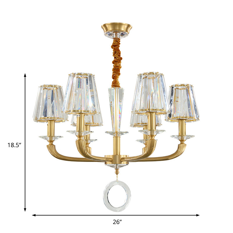 Clear Crystal Cone Shade Pendant Light Fixture Modern 6 Light Hanging Chandelier Light in Brass for Bedroom Clearhalo 'Ceiling Lights' 'Chandeliers' 'Modern Chandeliers' 'Modern' Lighting' 152136