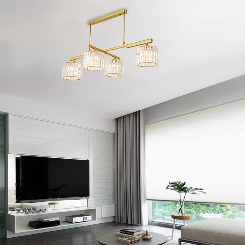 Modern Brass Hanging Light Metal Cylinder 4 Lights Island Lighting with Crystal Block for Living Room Brass Clearhalo 'Ceiling Lights' 'Island Lights' Lighting' 152138