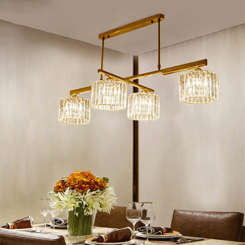 Modern Brass Hanging Light Metal Cylinder 4 Lights Island Lighting with Crystal Block for Living Room Clearhalo 'Ceiling Lights' 'Island Lights' Lighting' 152139