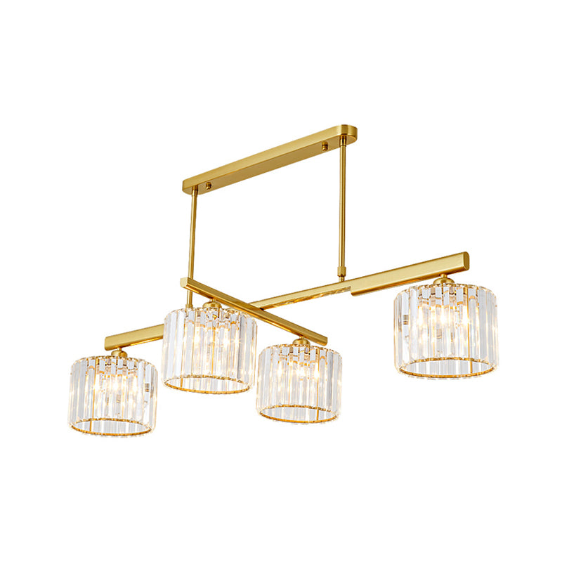 Modern Brass Hanging Light Metal Cylinder 4 Lights Island Lighting with Crystal Block for Living Room Clearhalo 'Ceiling Lights' 'Island Lights' Lighting' 152140