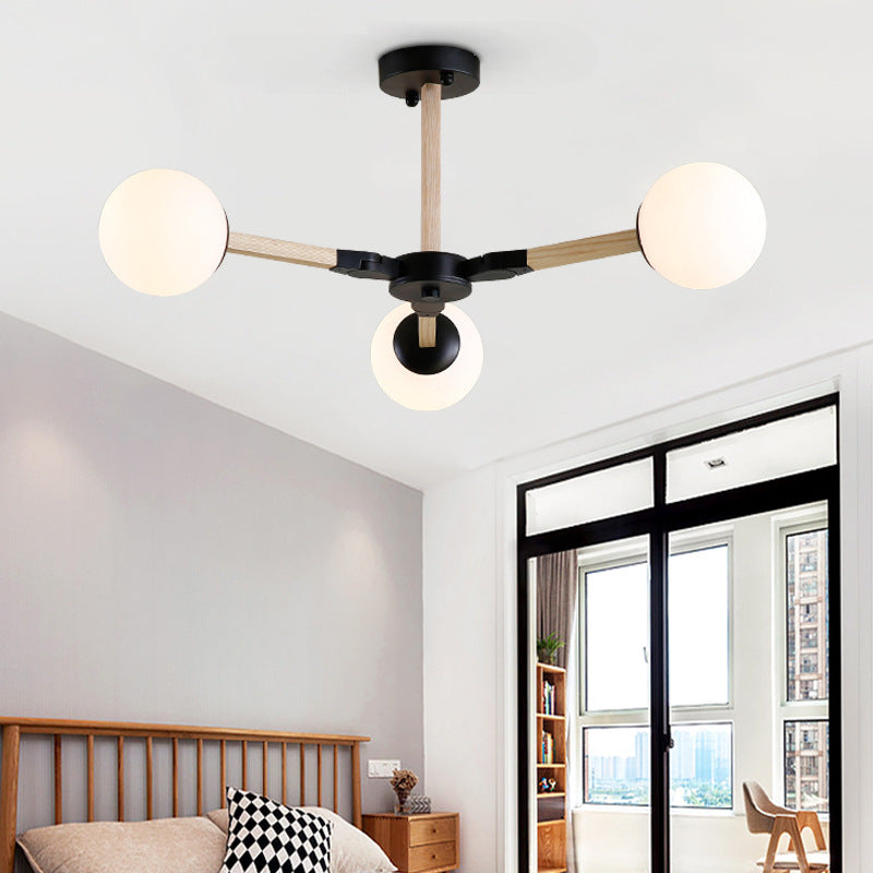 White/Black/Gold Branch Chandelier Lighting Contemporary 3/6/9 Lights Wood Hanging Ceiling Lamp with White Glass Global Shade Clearhalo 'Ceiling Lights' 'Chandeliers' 'Close To Ceiling Lights' 'Glass shade' 'Glass' 'Modern Chandeliers' 'Modern' Lighting' 152159