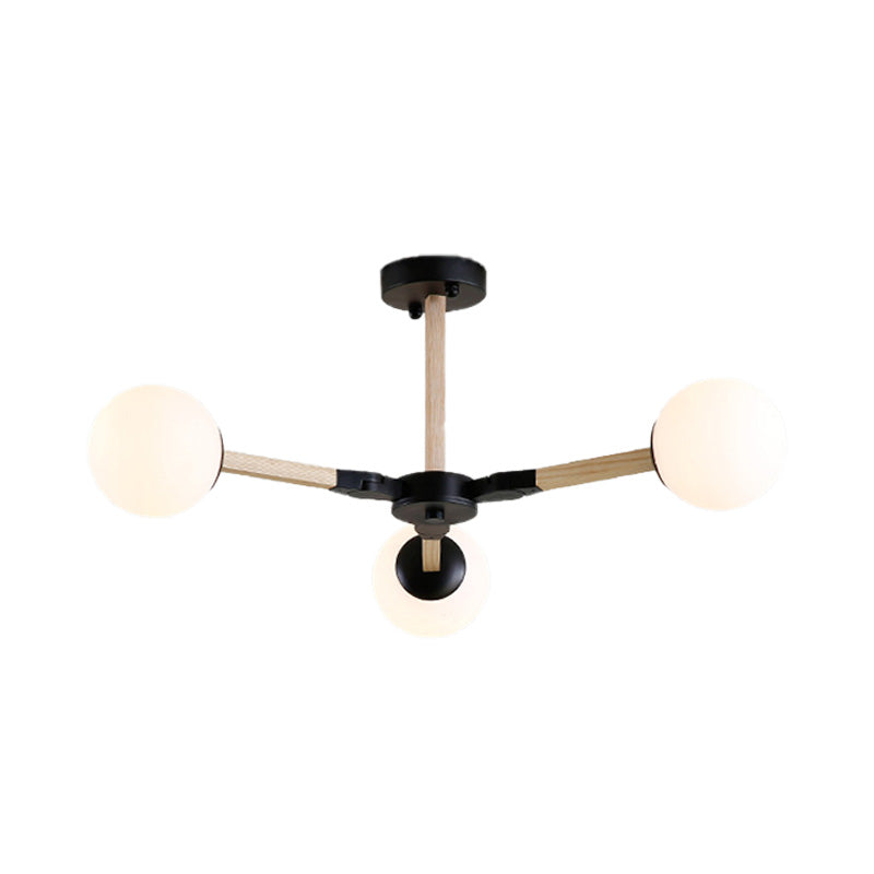 White/Black/Gold Branch Chandelier Lighting Contemporary 3/6/9 Lights Wood Hanging Ceiling Lamp with White Glass Global Shade Clearhalo 'Ceiling Lights' 'Chandeliers' 'Close To Ceiling Lights' 'Glass shade' 'Glass' 'Modern Chandeliers' 'Modern' Lighting' 152160