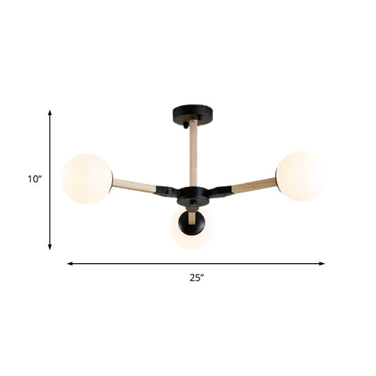 White/Black/Gold Branch Chandelier Lighting Contemporary 3/6/9 Lights Wood Hanging Ceiling Lamp with White Glass Global Shade Clearhalo 'Ceiling Lights' 'Chandeliers' 'Close To Ceiling Lights' 'Glass shade' 'Glass' 'Modern Chandeliers' 'Modern' Lighting' 152161