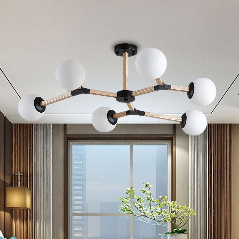 White/Black/Gold Branch Chandelier Lighting Contemporary 3/6/9 Lights Wood Hanging Ceiling Lamp with White Glass Global Shade 6 Black Clearhalo 'Ceiling Lights' 'Chandeliers' 'Close To Ceiling Lights' 'Glass shade' 'Glass' 'Modern Chandeliers' 'Modern' Lighting' 152162