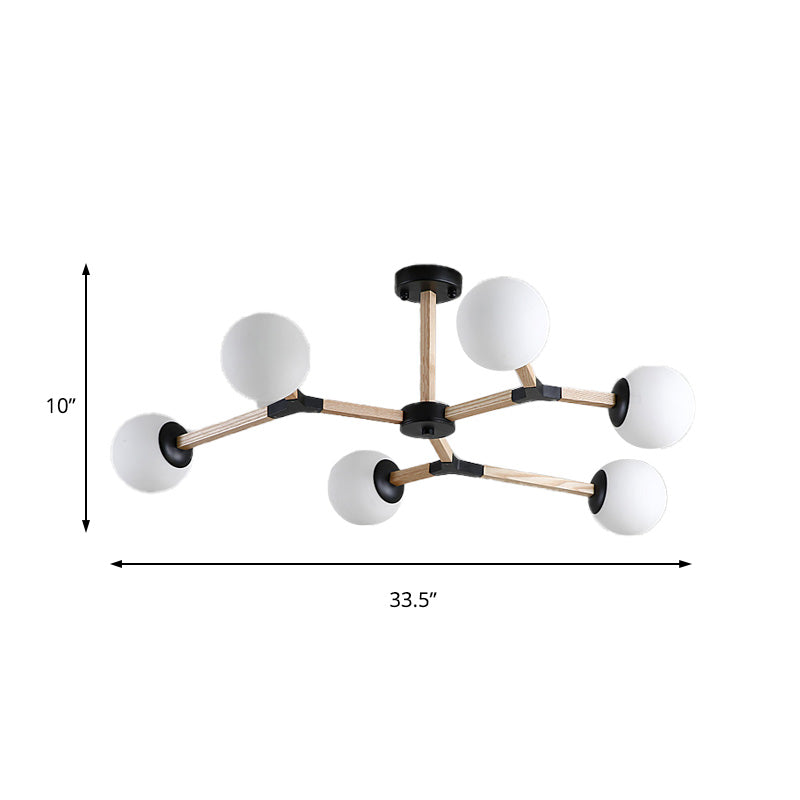 White/Black/Gold Branch Chandelier Lighting Contemporary 3/6/9 Lights Wood Hanging Ceiling Lamp with White Glass Global Shade Clearhalo 'Ceiling Lights' 'Chandeliers' 'Close To Ceiling Lights' 'Glass shade' 'Glass' 'Modern Chandeliers' 'Modern' Lighting' 152165