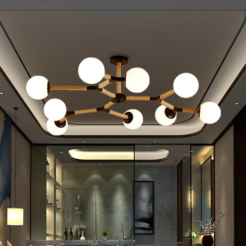 White/Black/Gold Branch Chandelier Lighting Contemporary 3/6/9 Lights Wood Hanging Ceiling Lamp with White Glass Global Shade 9 Black Clearhalo 'Ceiling Lights' 'Chandeliers' 'Close To Ceiling Lights' 'Glass shade' 'Glass' 'Modern Chandeliers' 'Modern' Lighting' 152166