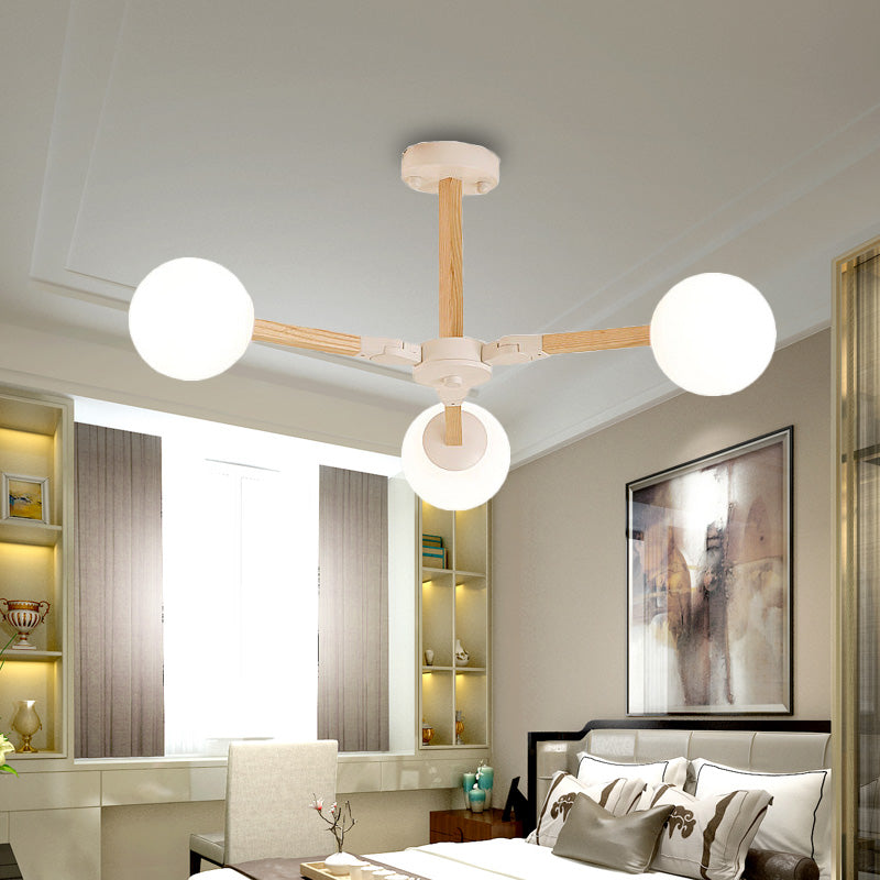 White/Black/Gold Branch Chandelier Lighting Contemporary 3/6/9 Lights Wood Hanging Ceiling Lamp with White Glass Global Shade 3 White Clearhalo 'Ceiling Lights' 'Chandeliers' 'Close To Ceiling Lights' 'Glass shade' 'Glass' 'Modern Chandeliers' 'Modern' Lighting' 152169