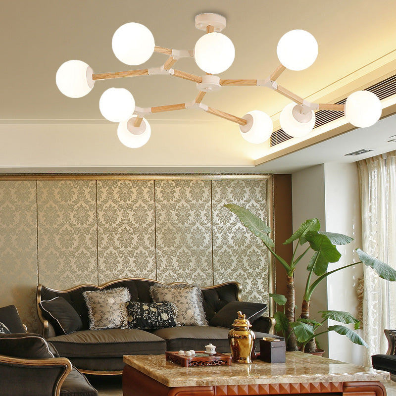 White/Black/Gold Branch Chandelier Lighting Contemporary 3/6/9 Lights Wood Hanging Ceiling Lamp with White Glass Global Shade 9 White Clearhalo 'Ceiling Lights' 'Chandeliers' 'Close To Ceiling Lights' 'Glass shade' 'Glass' 'Modern Chandeliers' 'Modern' Lighting' 152175