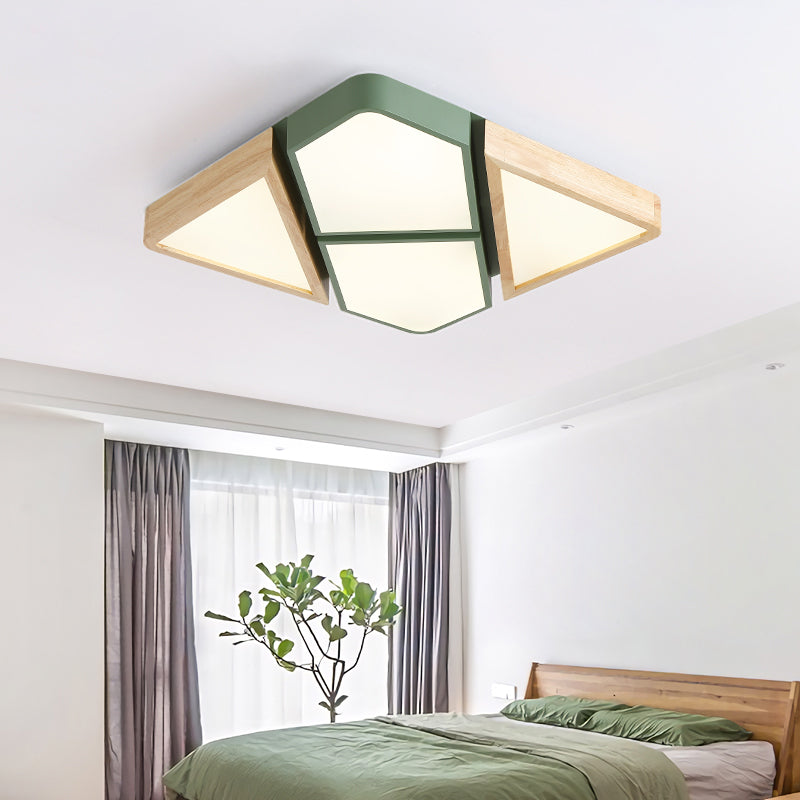 Gray/White/Green Spliced Square Ceiling Mount Light Nordic Wood and Metal 18"/21.5"/34.5" Wide LED Bedroom Ceiling Light in Warm/White/Neutral Green Clearhalo 'Ceiling Lights' 'Close To Ceiling Lights' 'Close to ceiling' 'Flush mount' Lighting' 152199