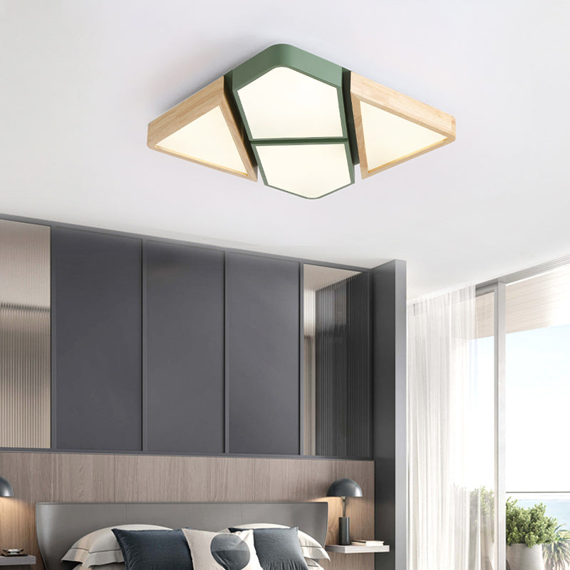 Gray/White/Green Spliced Square Ceiling Mount Light Nordic Wood and Metal 18"/21.5"/34.5" Wide LED Bedroom Ceiling Light in Warm/White/Neutral Clearhalo 'Ceiling Lights' 'Close To Ceiling Lights' 'Close to ceiling' 'Flush mount' Lighting' 152200