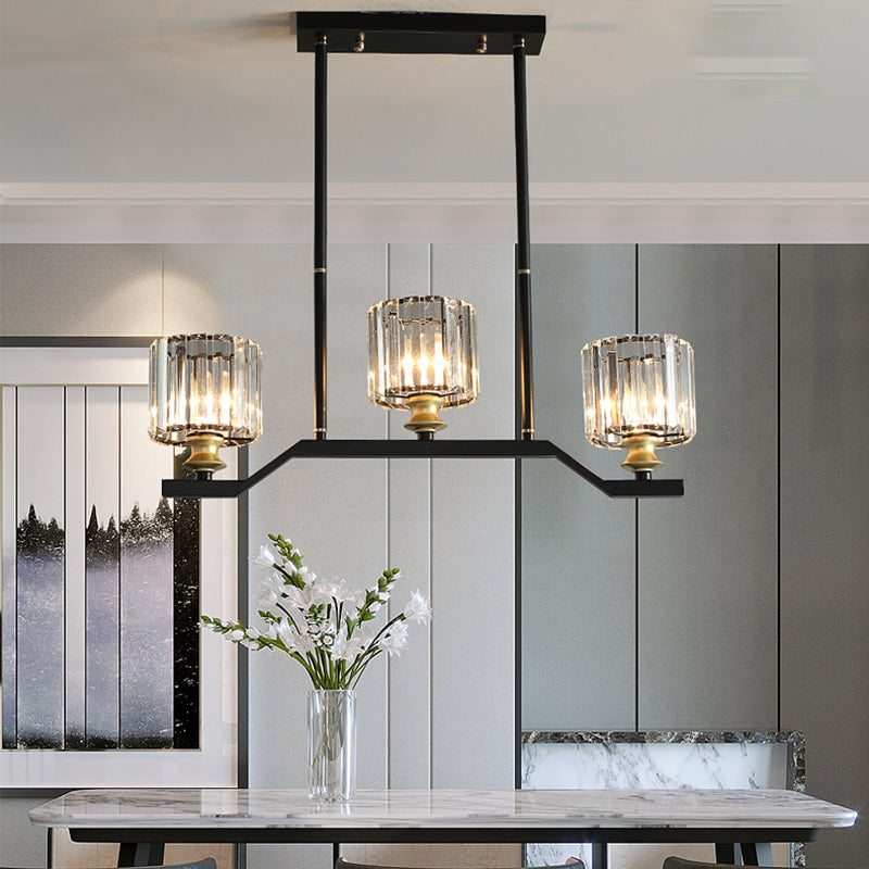 Clear Crystal Cylinder Island Pendant Light Modern 3/4 Lights Island Lighting in Black for Indoor Clearhalo 'Ceiling Lights' 'Island Lights' Lighting' 152235