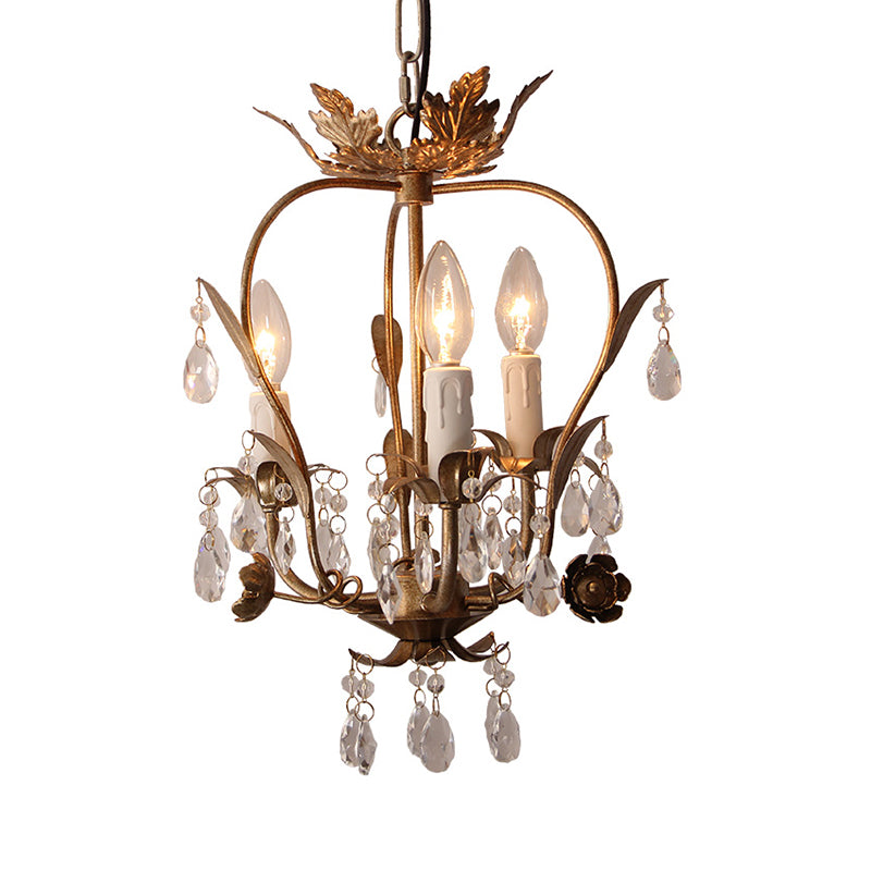 Country Style Caged Chandelier Light Iron 3 Heads Hanging Lamp with Crystal and Leaf Deco in Dark Rust Clearhalo 'Ceiling Lights' 'Chandeliers' 'Modern Chandeliers' 'Modern' Lighting' 152247