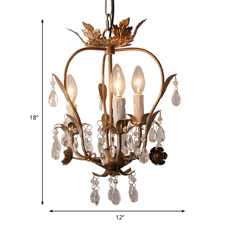 Country Style Caged Chandelier Light Iron 3 Heads Hanging Lamp with Crystal and Leaf Deco in Dark Rust Clearhalo 'Ceiling Lights' 'Chandeliers' 'Modern Chandeliers' 'Modern' Lighting' 152248