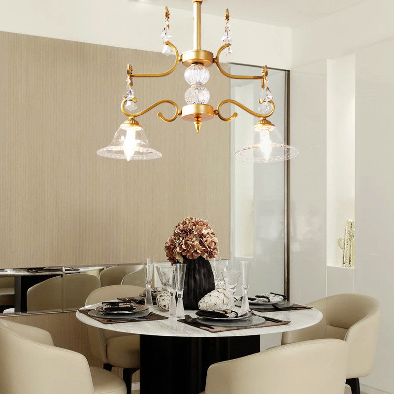 Modern Clear Crystal Chandelier Light Fixture 2 Bulbs Bell Shade Hanging Lamp in Gold for Dining Room Gold Clearhalo 'Ceiling Lights' 'Chandeliers' 'Modern Chandeliers' 'Modern' Lighting' 152267