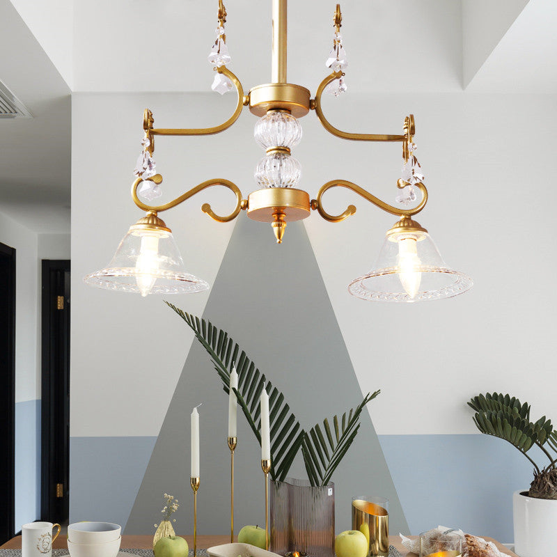 Modern Clear Crystal Chandelier Light Fixture 2 Bulbs Bell Shade Hanging Lamp in Gold for Dining Room Clearhalo 'Ceiling Lights' 'Chandeliers' 'Modern Chandeliers' 'Modern' Lighting' 152268