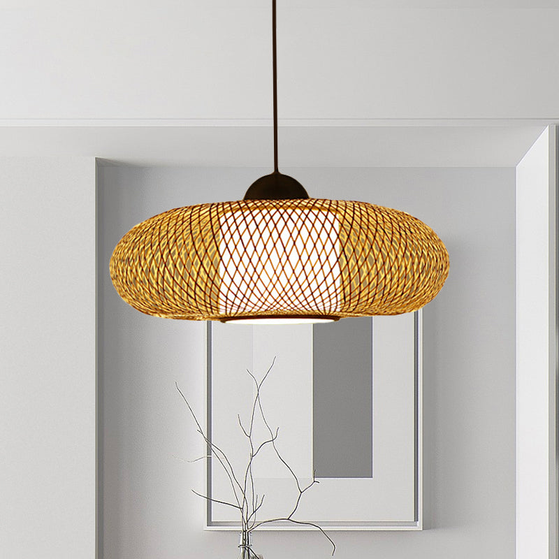 Black/Wood Cross Woven Hanging Pendant Light with Drum Shade Contemporary 1 Head Bamboo Hanging Lamp Clearhalo 'Ceiling Lights' 'Pendant Lights' 'Pendants' Lighting' 1522766