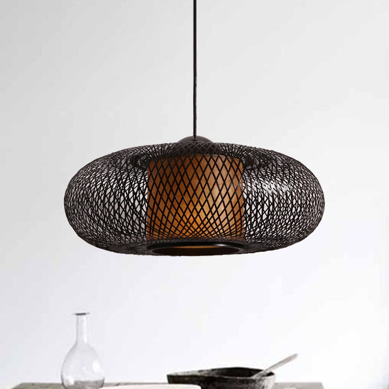 Black/Wood Cross Woven Hanging Pendant Light with Drum Shade Contemporary 1 Head Bamboo Hanging Lamp Clearhalo 'Ceiling Lights' 'Pendant Lights' 'Pendants' Lighting' 1522768