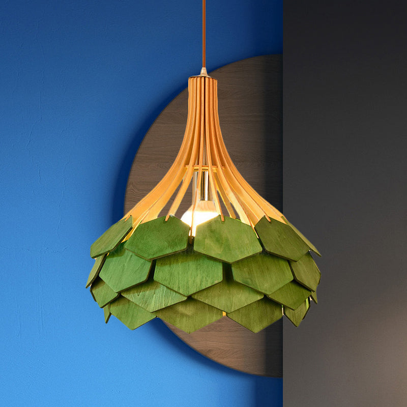 Pine Cone Hanging Light Fixture Modern Style Wood 1 Bulb Red/Blue Pendant Lamp for Dining Room Clearhalo 'Ceiling Lights' 'Modern Pendants' 'Modern' 'Pendant Lights' 'Pendants' Lighting' 1522774