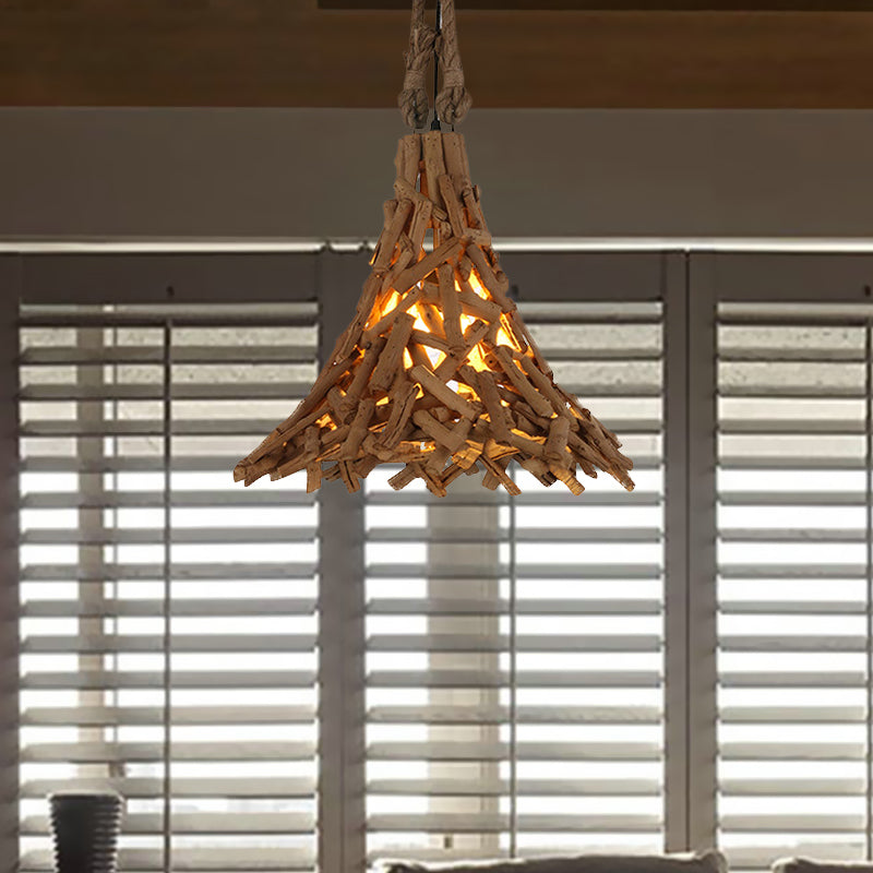 Wood Sticks Flared Hanging Light Rustic 1 Light Suspension Pendant in Beige for Indoor Clearhalo 'Ceiling Lights' 'Modern Pendants' 'Modern' 'Pendant Lights' 'Pendants' Lighting' 1522790