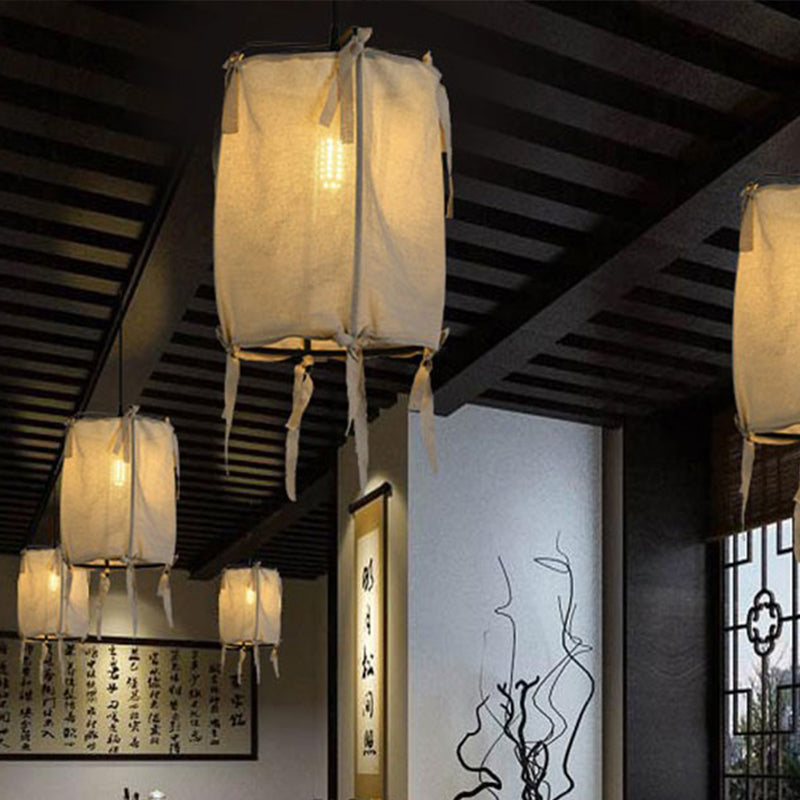 12"/14"/16" Wide Lantern Pendant Lighting Modern Fabric Shade 1 Light White Hanging Lamp for Restaurant Clearhalo 'Ceiling Lights' 'Modern Pendants' 'Modern' 'Pendant Lights' 'Pendants' Lighting' 1522796