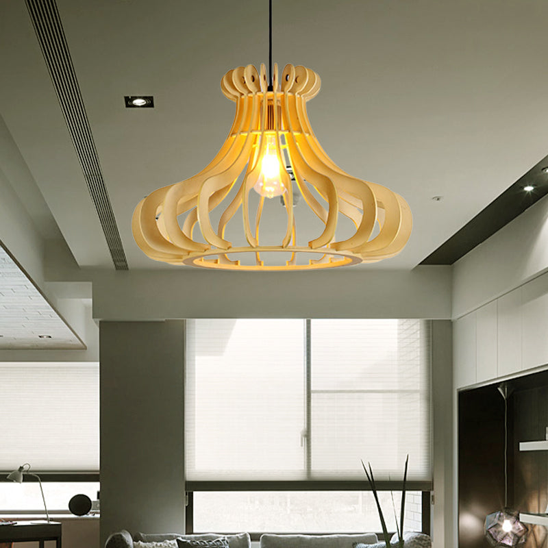 Contemporary Onion Shaped Pendant Lighting Wood 1 Light Bedroom Hanging Lamp in Beige Clearhalo 'Ceiling Lights' 'Modern Pendants' 'Modern' 'Pendant Lights' 'Pendants' Lighting' 1522798