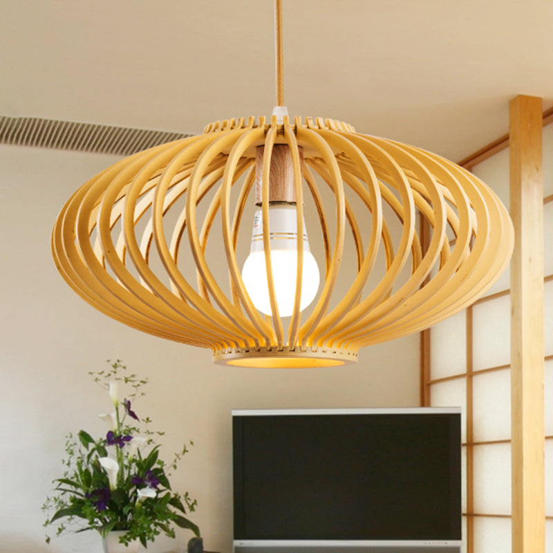 Contemporary Style Lantern Design Hanging Light Wooden 1 Light Living Room Pendant Lamp in Beige Clearhalo 'Ceiling Lights' 'Pendant Lights' 'Pendants' Lighting' 1522800