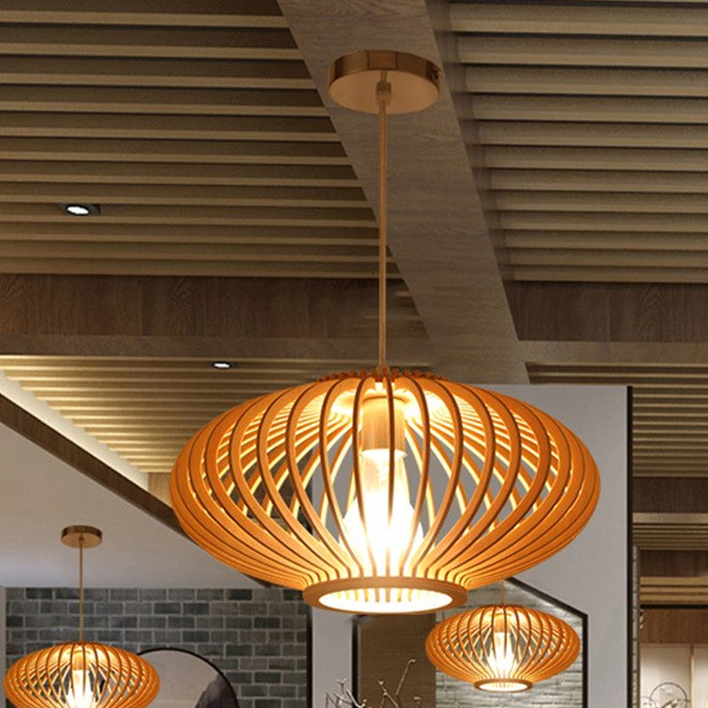 Contemporary Style Lantern Design Hanging Light Wooden 1 Light Living Room Pendant Lamp in Beige Clearhalo 'Ceiling Lights' 'Pendant Lights' 'Pendants' Lighting' 1522801