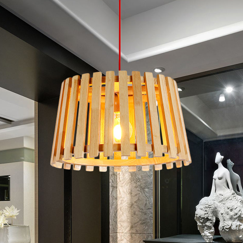 Wood Slatted Drum Hanging Pendant Light Contemporary 1-Light Ceiling Light in Beige for Bedroom Clearhalo 'Ceiling Lights' 'Modern Pendants' 'Modern' 'Pendant Lights' 'Pendants' Lighting' 1522817