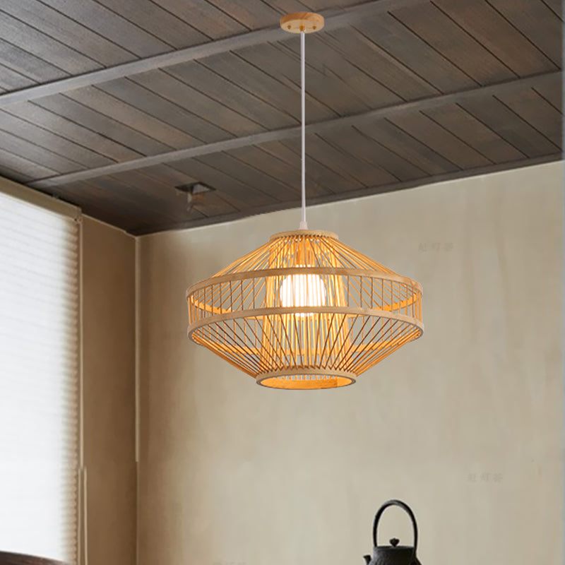 Flying Saucer Bamboo Ceiling Fixture Modernist Style 16"/19.5" Width 1 Bulb Wood Pendant Lamp for Restaurant Clearhalo 'Ceiling Lights' 'Pendant Lights' 'Pendants' Lighting' 1522822