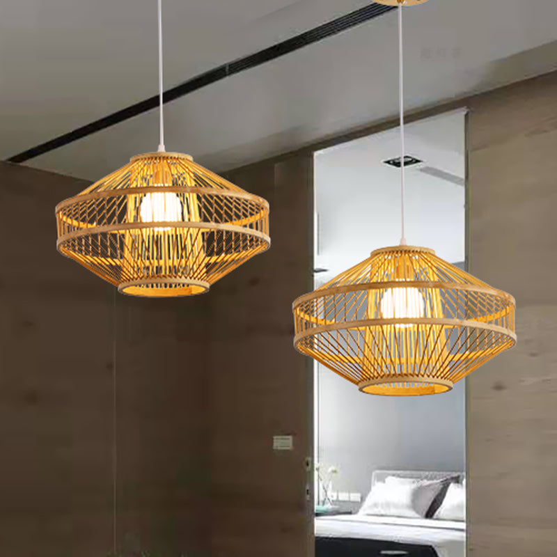 Flying Saucer Bamboo Ceiling Fixture Modernist Style 16"/19.5" Width 1 Bulb Wood Pendant Lamp for Restaurant Clearhalo 'Ceiling Lights' 'Pendant Lights' 'Pendants' Lighting' 1522823