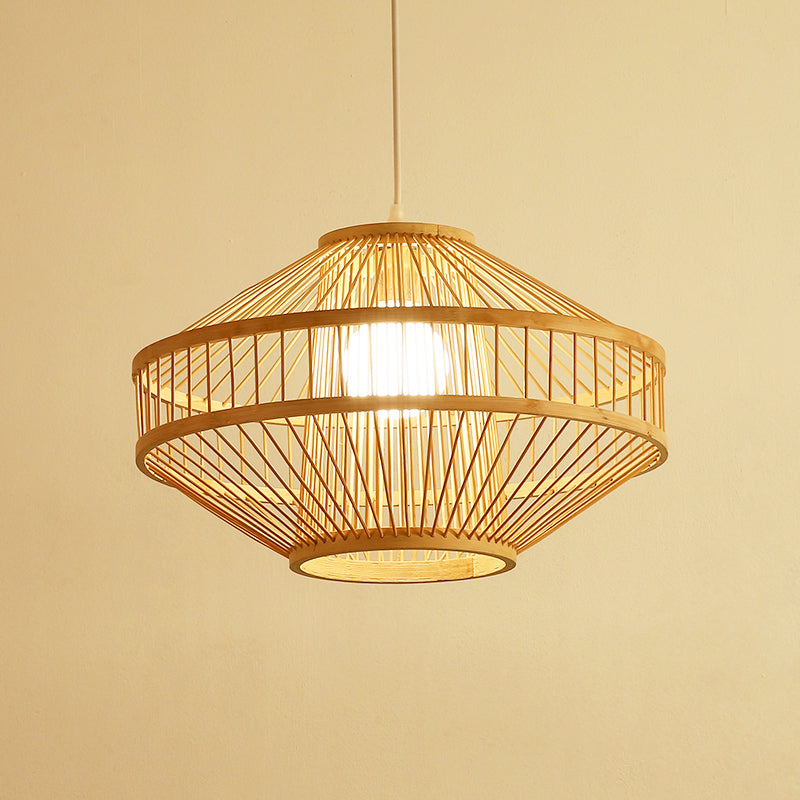 Flying Saucer Bamboo Ceiling Fixture Modernist Style 16"/19.5" Width 1 Bulb Wood Pendant Lamp for Restaurant Clearhalo 'Ceiling Lights' 'Pendant Lights' 'Pendants' Lighting' 1522824