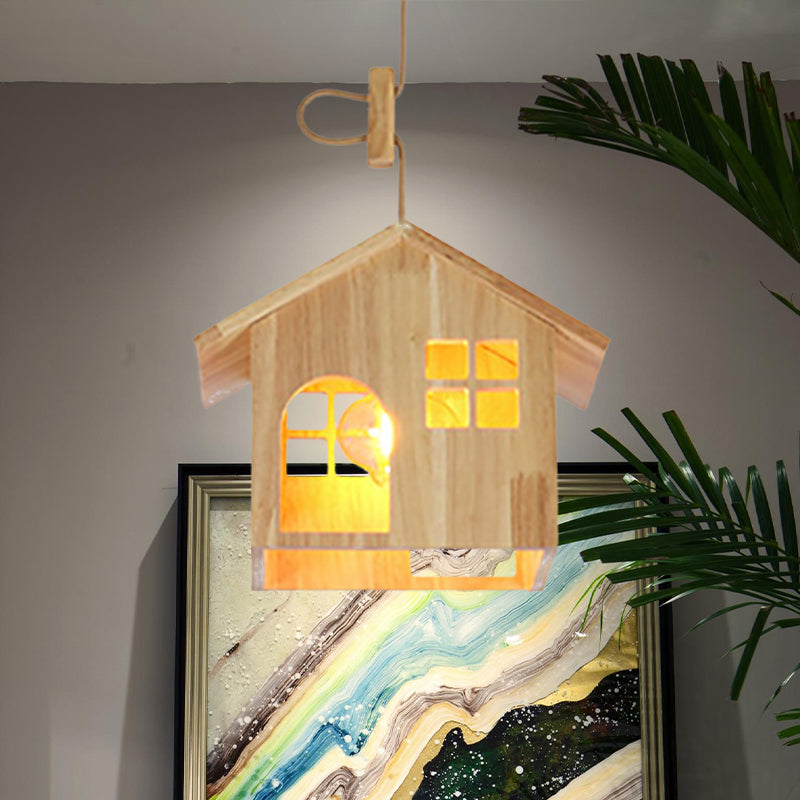 Wooden House Shaped Pendant Lamp Modern 1-Light Natural Wood Hanging Light with Adjustable Cord for Dining Room Clearhalo 'Ceiling Lights' 'Modern Pendants' 'Modern' 'Pendant Lights' 'Pendants' Lighting' 1522826