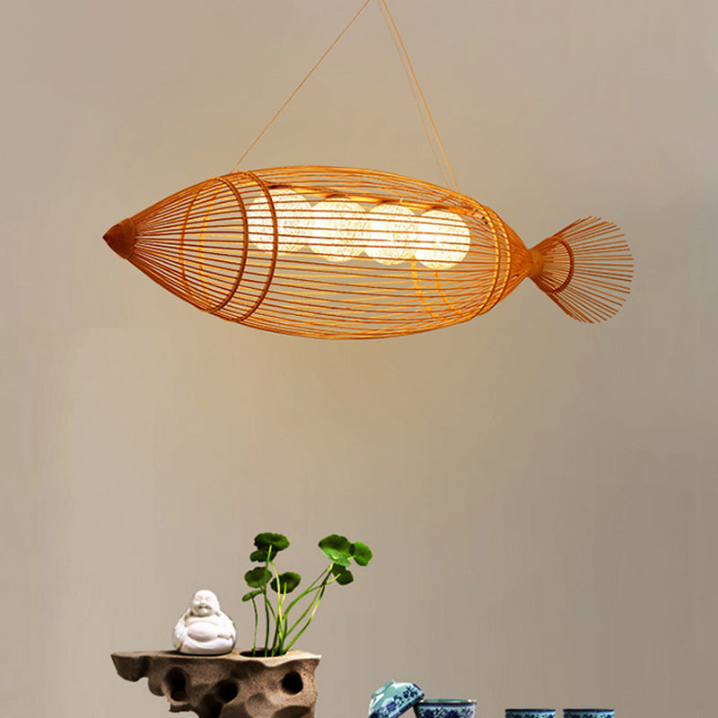 Bamboo Fish Shaped Chandelier Lighting Asian Style 39"/57" W 3 Bulbs Beige Hanging Light with Inner Rattan Ball Shade Clearhalo 'Ceiling Lights' 'Chandeliers' Lighting' options 1522832