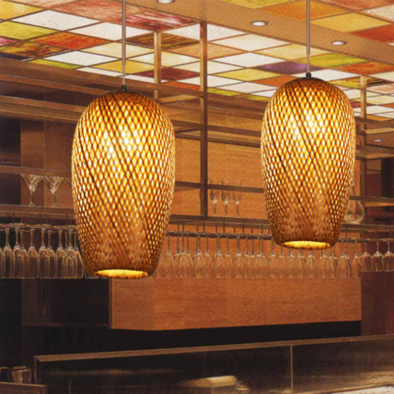 Lodge Style Woven Shade Pendant Lamp Bamboo 1-Light Kitchen Suspension Lighting in Yellow, 9"/10" Wide Clearhalo 'Ceiling Lights' 'Pendant Lights' 'Pendants' Lighting' 1522836